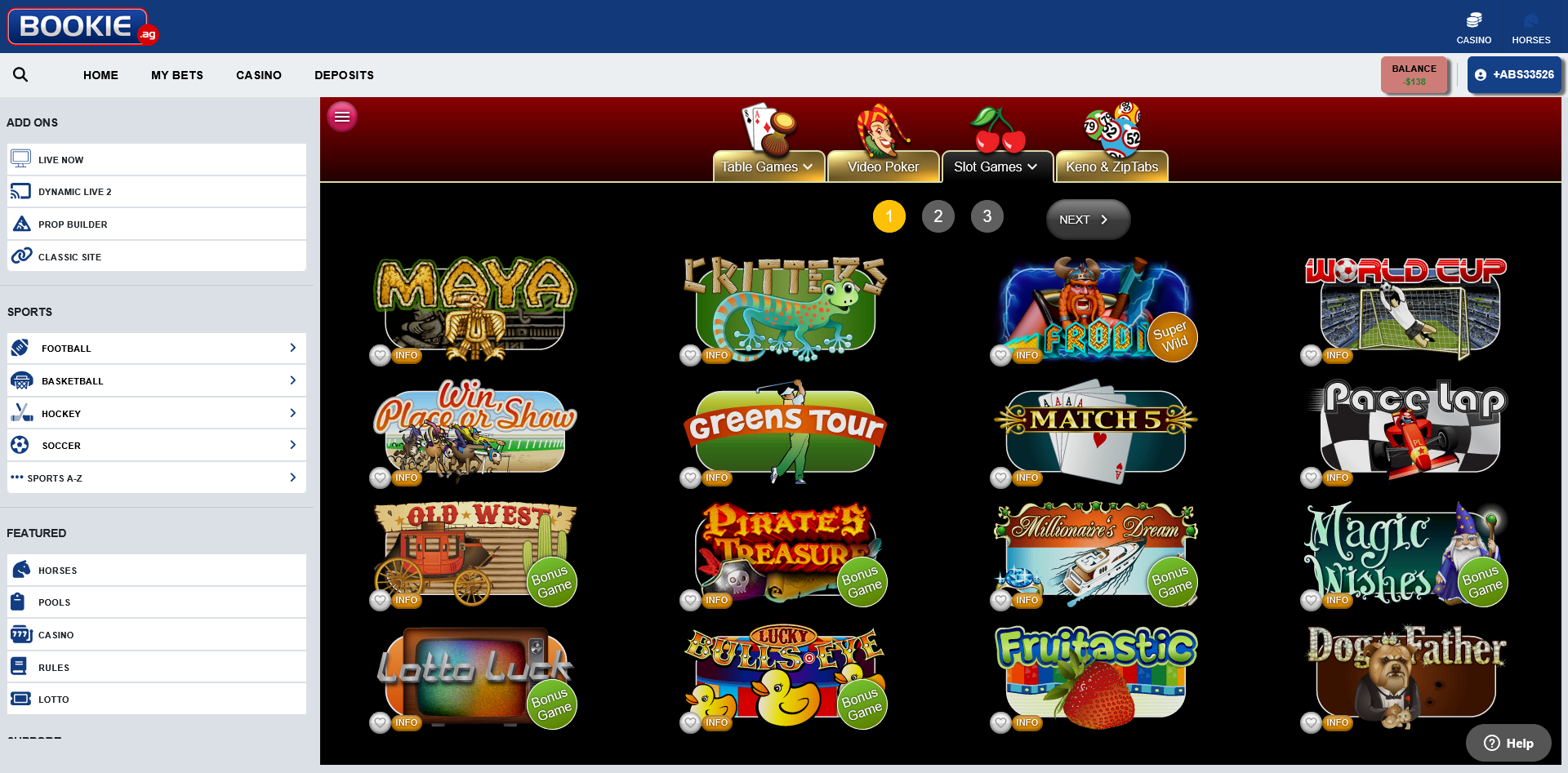 One Casino interface screenshot